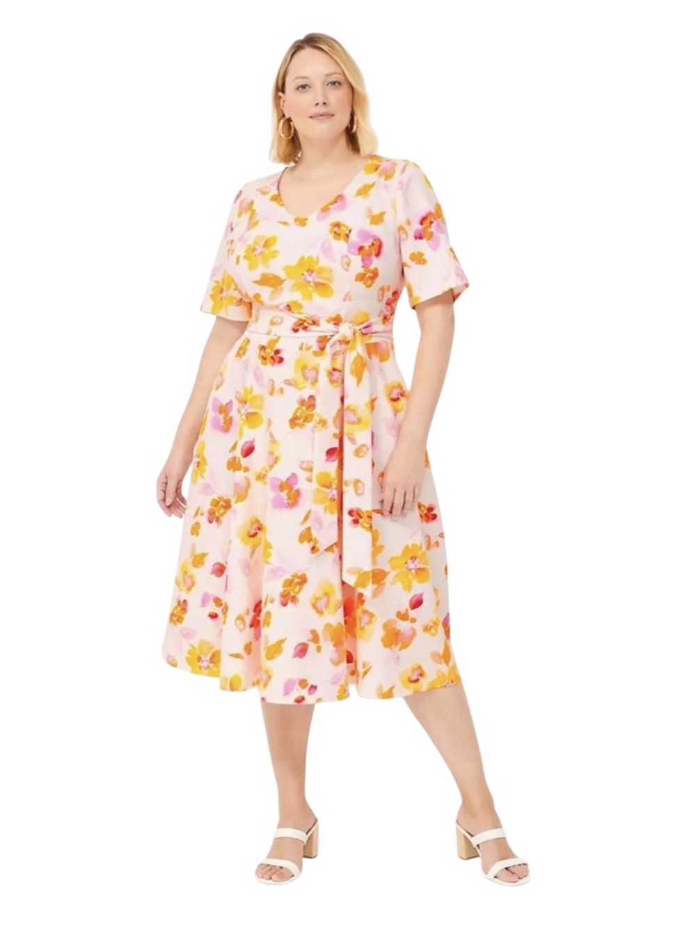 Lane Bryant Lena Pink Floral Midi Dress with Tie Detail